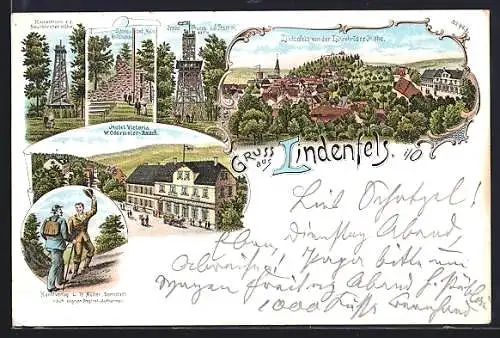 Lithographie Lindenfels, Hotel Victoria, Kaiserturm, Schlosshof-Ruine, Gesamtansicht