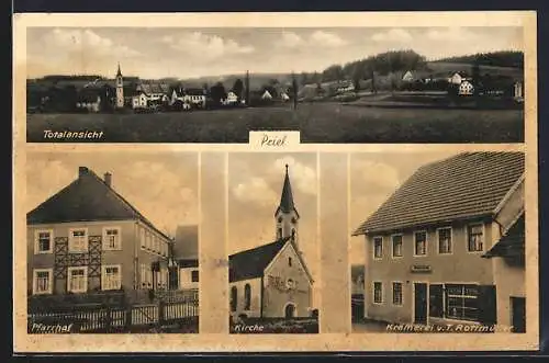 AK Priel, Krämerei T. Rottmüller, Kirche, Pfarrhof, Ortspanorama