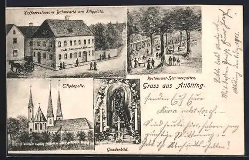 AK Altötting, Kaffeerestaurant Bahnwarth am Tillyplatz mit Garten, Tillykapelle, Gnadenbild