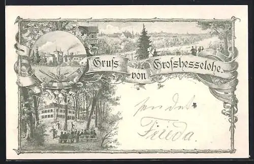 Künstler-AK Grosshesselohe, Blick auf Ort und Fluss, Teilansicht