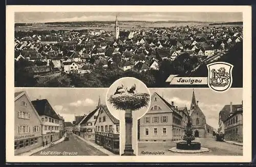 AK Saulgau, Strasse, Rathausplatz, Wappen, Storchennest, Totalansicht