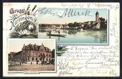 AK Nürtingen, Hotel Schoell, Ortspanorama mit Kahn, Seerosen