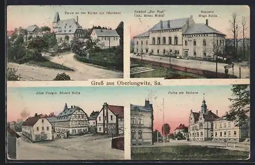AK Oberlungwitz /Sa., Gasthof zur Post B. Nobis, Altes Postgut E. Nobis aus der Vogelschau, Rathaus-Partie