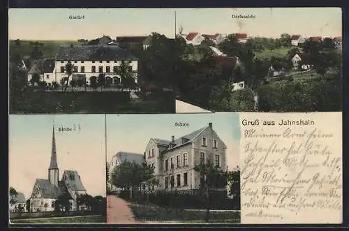 AK Jahnshain, Gasthof, Kirche, Schule, Ortsansicht aus der Vogelschau
