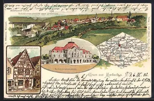 Lithographie Marbach a. N., Schillers Geburtshaus, Schillermuseum, Landkarte mit Affalterbach, Ludwigsburg & Steinheim