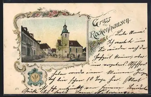 AK Rockenhausen, Marktplatz mit Kriegerdenkmal, Wappen, Ornament-Rahmen