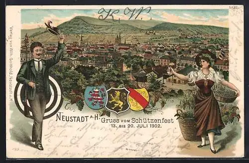 Lithographie Neustadt / Haardt, Schützenfest 13.-20.7.1902, Ortsansicht, Mitglieder vom Schützenverein
