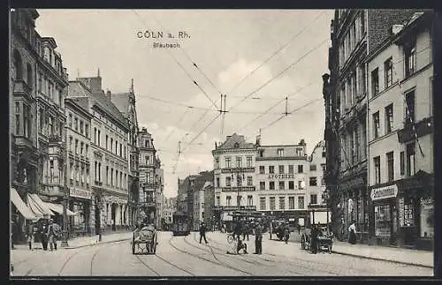 AK Cöln a. Rh., Blaubach, Strassenpartie mit Strassenbahn und Geschäften