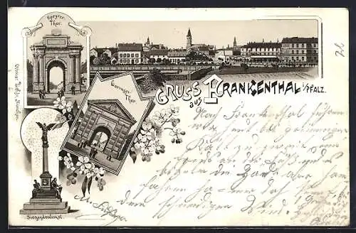 Lithographie Frankenthal i. Pfalz, Wormser und Speyrer Thor, Siegesdenkmal, Ortspanorama