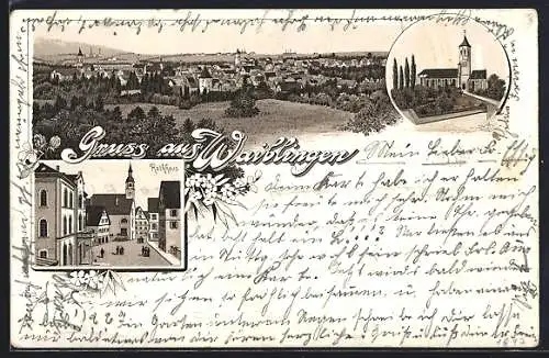 Lithographie Waiblingen, Rathaus-Partie, Turmgebäude, Gesamtansicht