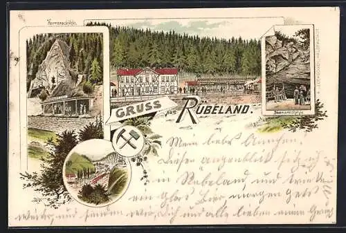 Vorläufer-Lithographie Rübeland, 1895, Hermanns- u. Baumannshöhlen mit Besuchern, Bahnhof, Ortsansicht, Bergmann-Symbol