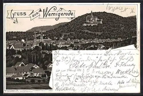 Lithographie Wernigerode, Ortspanorama mit Schloss und Kirche