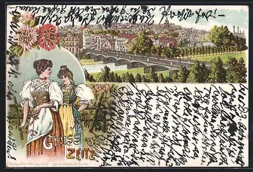 Lithographie Zeitz, Totalansicht mit Brücke aus der Vogelschau, Zeitzer Trachten