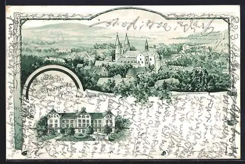 Lithographie Gernrode / Harz, Hotel Haus Hagenthal, Totale mit Kirche