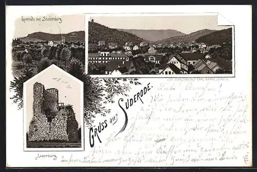 Vorläufer-Lithographie Suderode, 1895, Lauenburg, Totalansicht, Gernrode mit Stubenberg