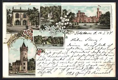 Lithographie Babelsberg, Schlosspark mit Gerichtslaube, Maschinenhaus, Flatowturm, Schloss
