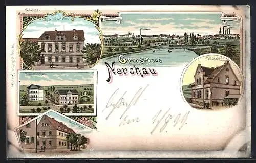 Lithographie Nerchau, Stadthaus, Wiesenbad, Beamtenschule, Kaiserl. Postamt