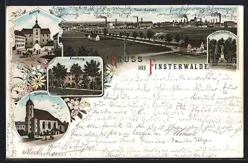 Lithographie Finsterwalde, Forsthaus, Schloss, Totalansicht mit Landstrasse, Kriegerdenkmal
