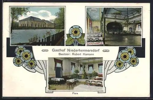 AK Niederhermersdorf, Gasthof R. Hamann, Ansicht vom Wasser aus, Saal, Flora, Stilisierte Blumen