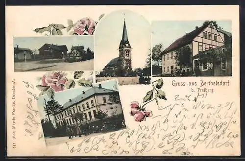 AK Berthelsdorf /Freiberg, Strassenpartie, Gebäudeansichten, Kirche, Rosen
