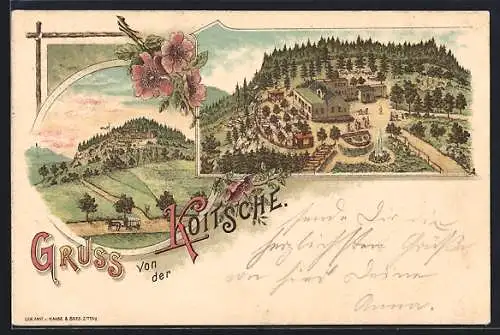 Lithographie Hörnitz, Gasthaus Koitsche aus der Vogelschau