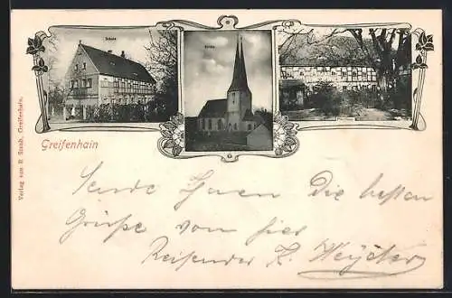 AK Greifenhain / Sa., Schule, Kirche, Pfarrhaus, Ornament-Rahmen