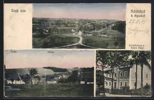 AK Schönfeld /Kipsdorf, Geschäftshaus Edwin Jäkel, Panorama mit Kirche u. Schule, Gesamtansicht