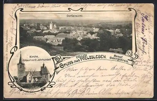 AK Welbsleben /Mansfelder Gebirgskreis, Kirche, Dorfansicht von oben