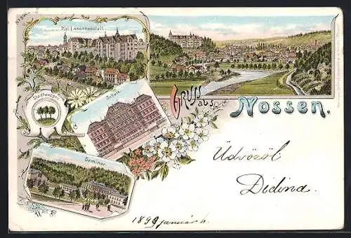 Lithographie Nossen, Seminar, Schule, Kgl. Landesanstalt, Wappen