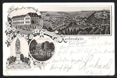 Lithographie Hartenstein / Sachsen, Paul Fleming Denkmal, Hotel Rathskeller, Ortsansicht
