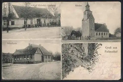 AK Falkenthal, Carl Eisholzs Gasthaus mit Versammlung u. Fuhrwerk, Schule m. Strasse, Hase