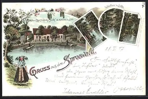 Lithographie Lehde /Spreewald, Gasthaus zum Fröhlichen Hecht vom Wasser aus, Dolzkefliess, Spreewälderin