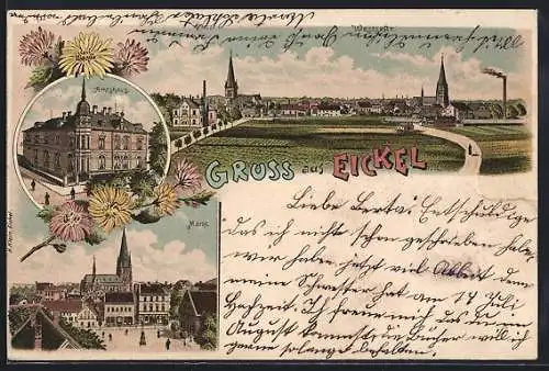 Lithographie Eickel, Amtshaus, Markt, Ortsansicht von Westen