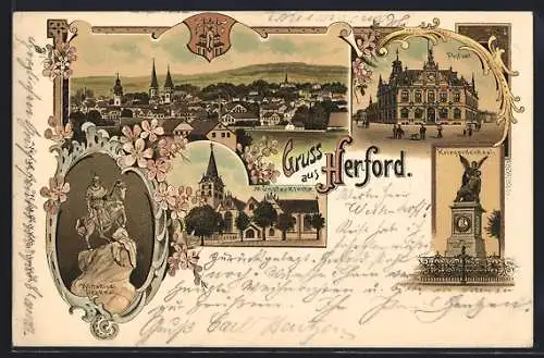 Lithographie Herford, Münsterkirche, Postamt, Kriegerdenkmal