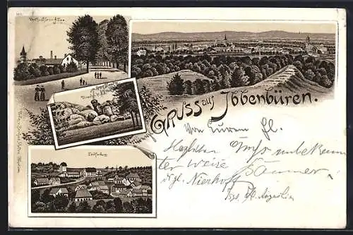 Lithographie Ibbenbüren, Dörenther Hippen, Werthmühlen-Allee, Gesamtansicht, Ortsansicht Tecklenburg