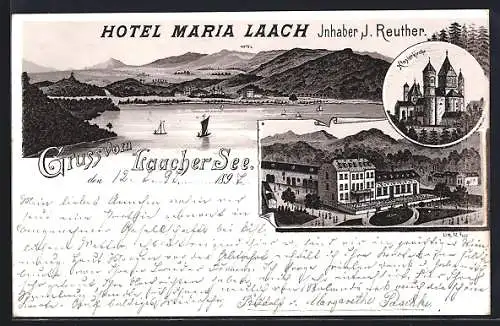 Lithographie Maria Laach, Hotel Maria Laach J. Reuther mit Anlagen, Klosterkirche, Ortspanorama vom Laacher See aus