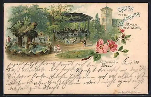 Lithographie Dortmund, Kronenburg Brauerei des Heinrich Wenker, Pavillon & Teich im Garten