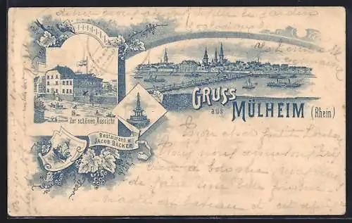 Lithographie Mülheim / Rhein, Panorama & Restaurant Zur schönen Aussicht v. Jacob Bäcker