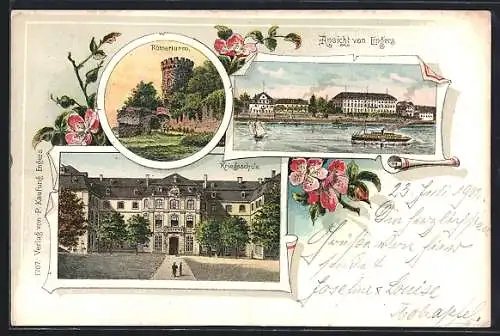 Lithographie Engers, Römerturm, Kriegsschule, Ortspanorama mit Dampfer