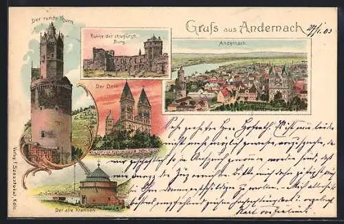 Lithographie Andernach, Runder Thurm, Alter Krahnen, Dom, Burgruine, Totalansicht