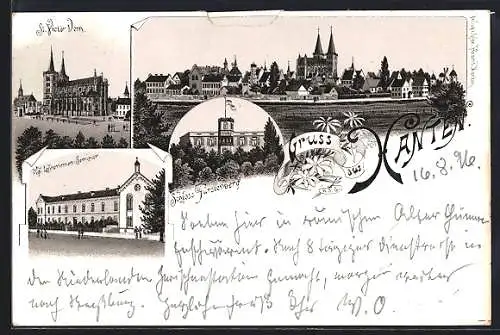 Lithographie Xanten, Lehrerinnen-Seminar, Schloss Fürstenberg, Ortspanorama