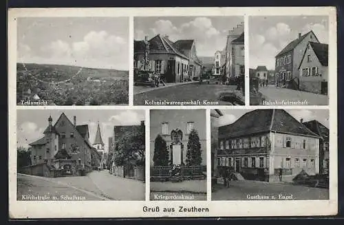 AK Zeuthern, Gasthaus zum Engel, Bahnhofwirtschaft, Kolonialwaren Knaus m. Strasse u. Denkmal, Kirchstrasse m. Schule