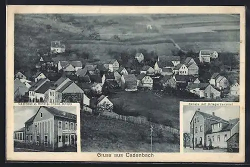 AK Cadenbach, Gasthaus-Handlung T. Knopp, Schule m. Kriegerdenkmal, Gesamtansicht aus der Vogelschau