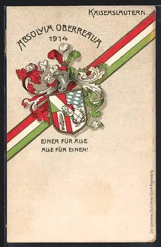 AK Kaiserslautern, Absolvia Oberrealia 1914, Wappen mit Bandelole u. Motto Einer für Alle...