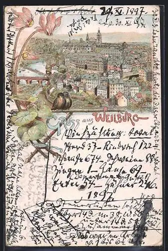 Lithographie Weilburg, Totalansicht mit Brücke aus der Vogelschau, Vogelpaar, Blumen