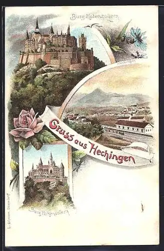 Lithographie Hechingen, Ortsansicht mit Bahnhof, Burg Hohenzollern