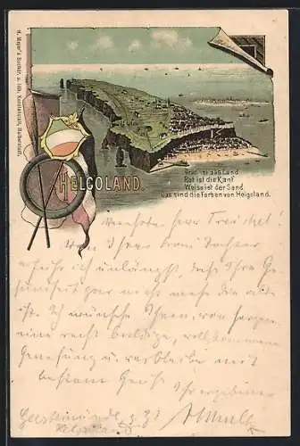 Lithographie Helgoland, Gesamtansicht aus der Vogelschau, Wappen, Deutsche Flagge