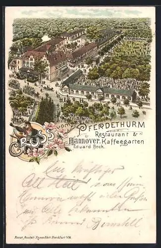 Lithographie Hannover, Restaurant Pferdethurm E. Bock mit Strassenkreuzung aus der Vogelschau, Vogelpaar