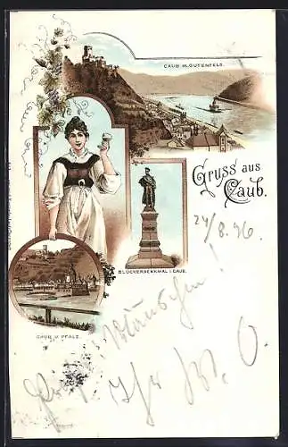 Lithographie Caub, Blücherdenkmal, Teilansicht mit Pfalz, Trachtenmädchen, Ortsansicht m. Gutenfels