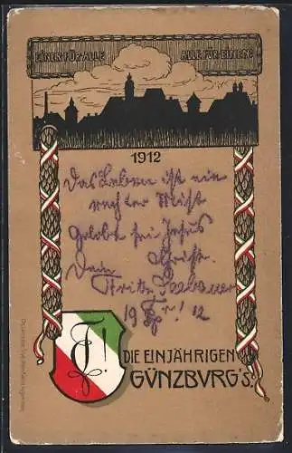 Künstler-AK Günzburg, Die Einjährigen 1912, Wappen, Ortspanorama, Banderolen